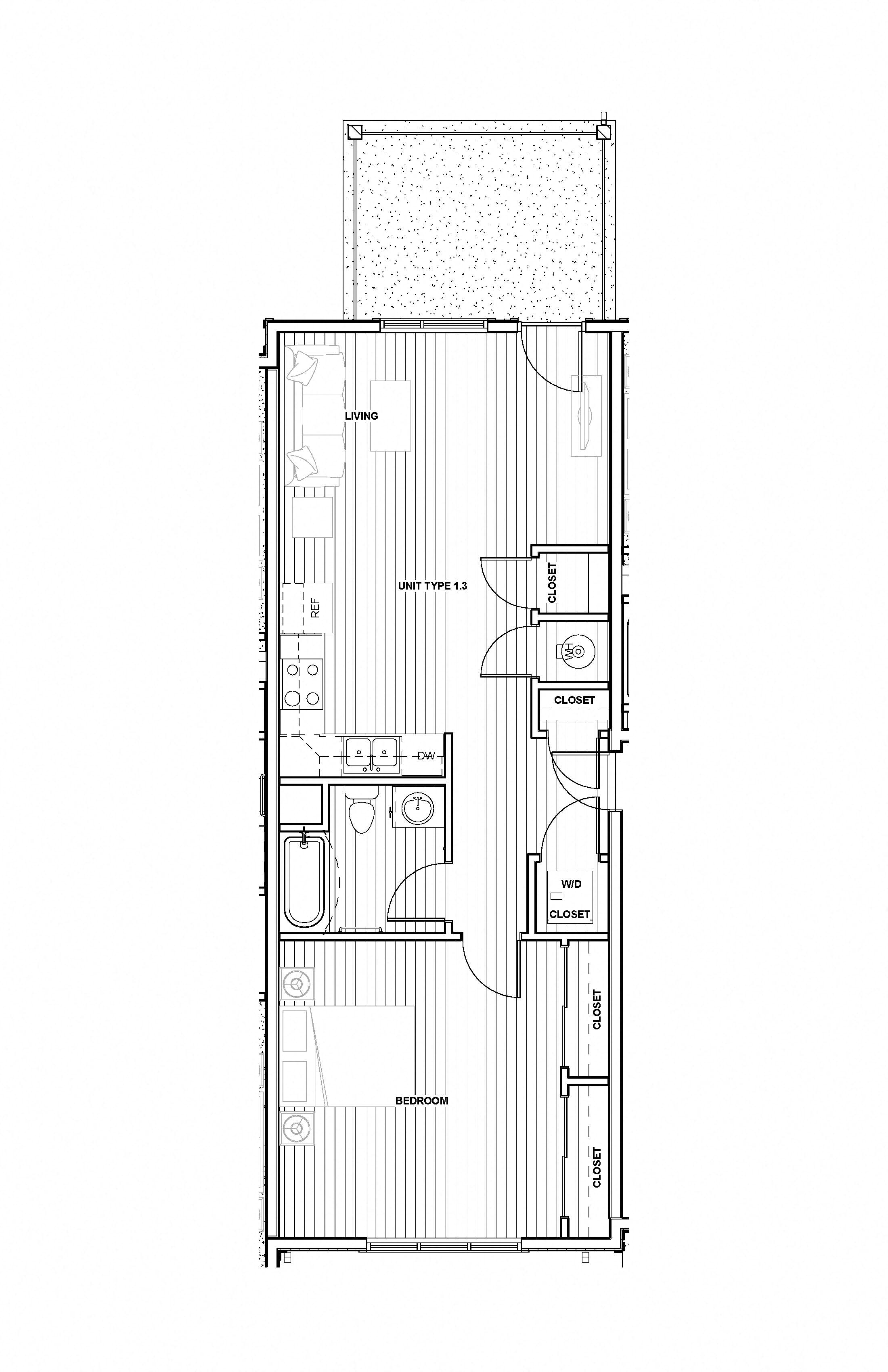 Floor plan for 1 bed, 1 bath, 681 sqft